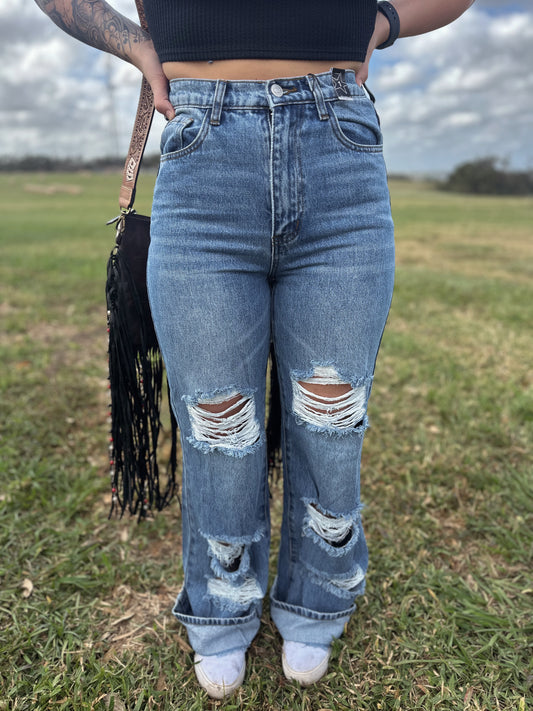 High-Rise Distressed Wide Leg Jeans